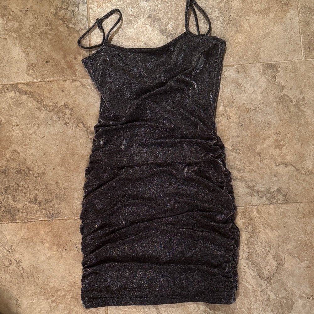 Katie J NYC Abby mesh Black Glitter Mini Dress teen medium bodycon *flaw** tween
